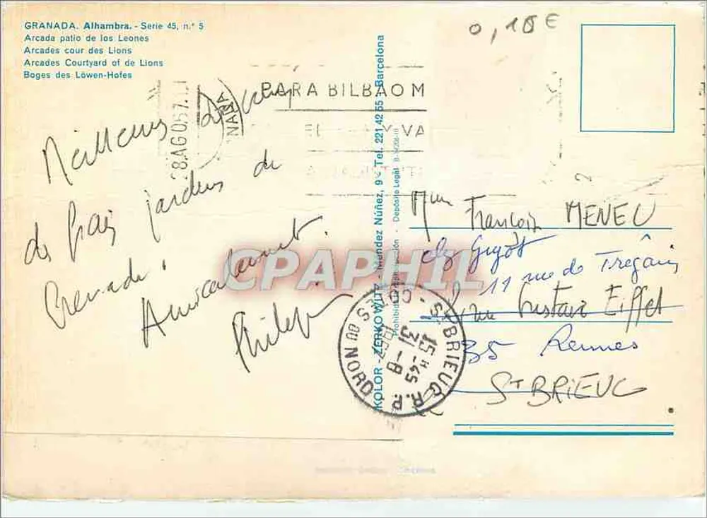 Alhambra - Courtyard of Lions - Arcade - Series 45, no. 5, publisher Núñez - Back
