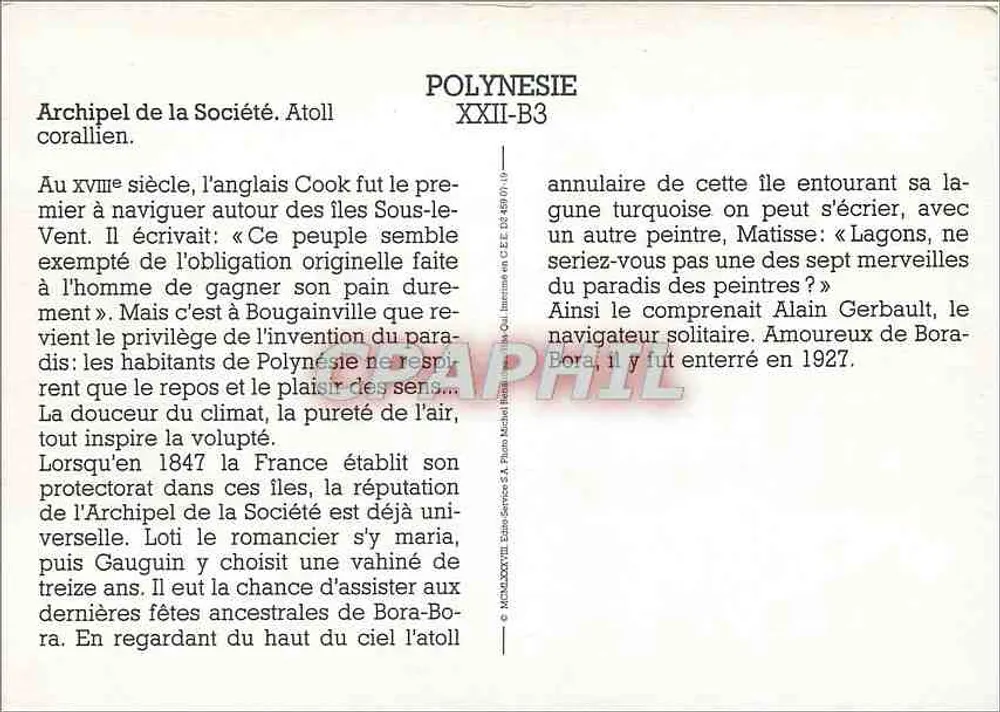 Bora-Bora — Atol da Sociedade — Editor: Photo-Service S.A. n° XXII-B3 - Verso