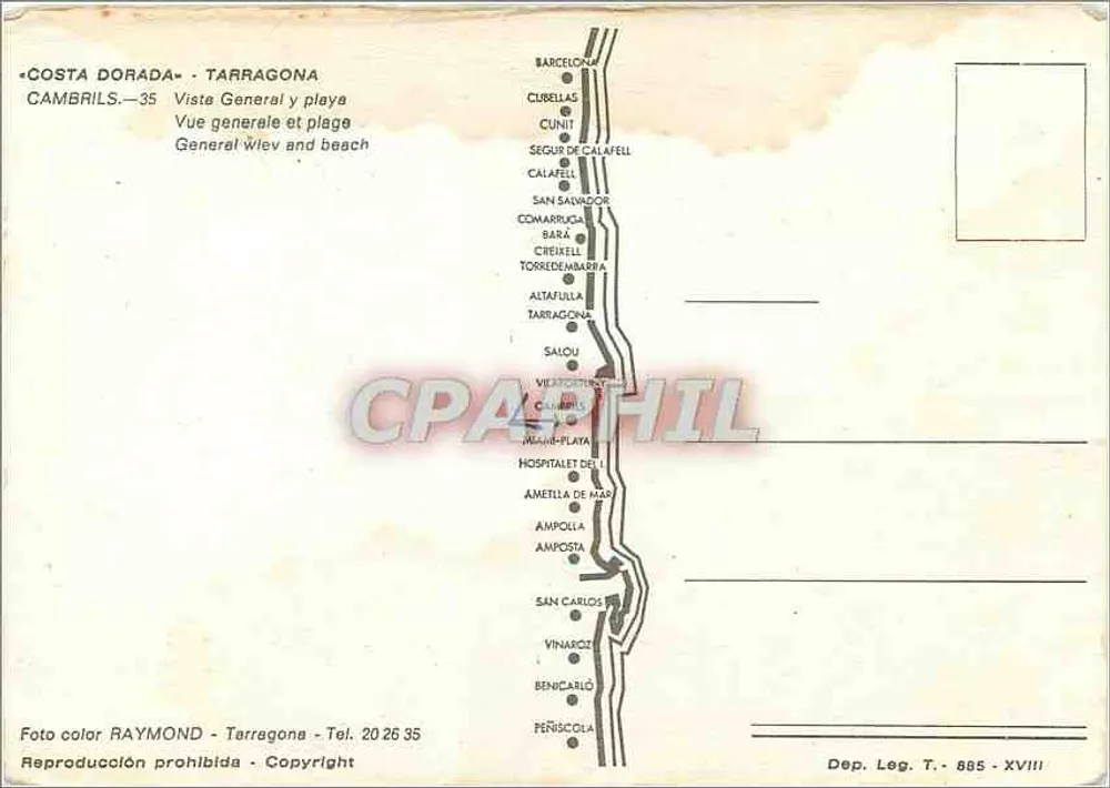 Cambrils - Bahia — vue générale et plage — Éditeur RAYMOND, Tarragone - Verso