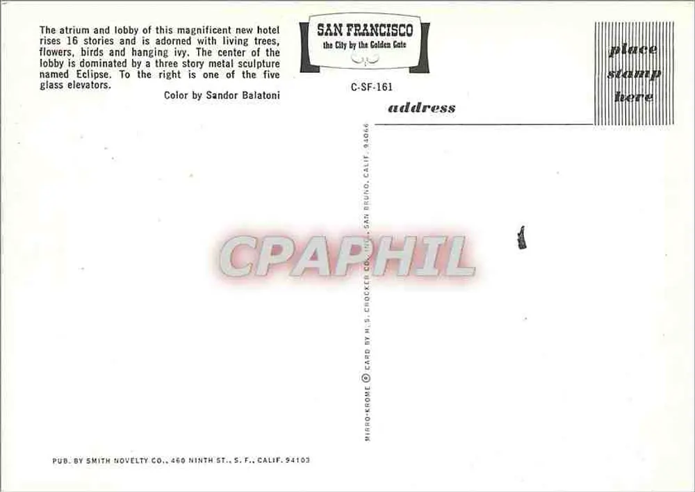 Hyatt Regency Hotel — San Francisco — Smith Novelty Co. C-SF-161 - Verso