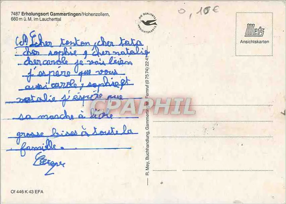 Gammertingen — vista panorâmica e Teufelstor — editor Metz, n° 446 K 43 EFA - Verso