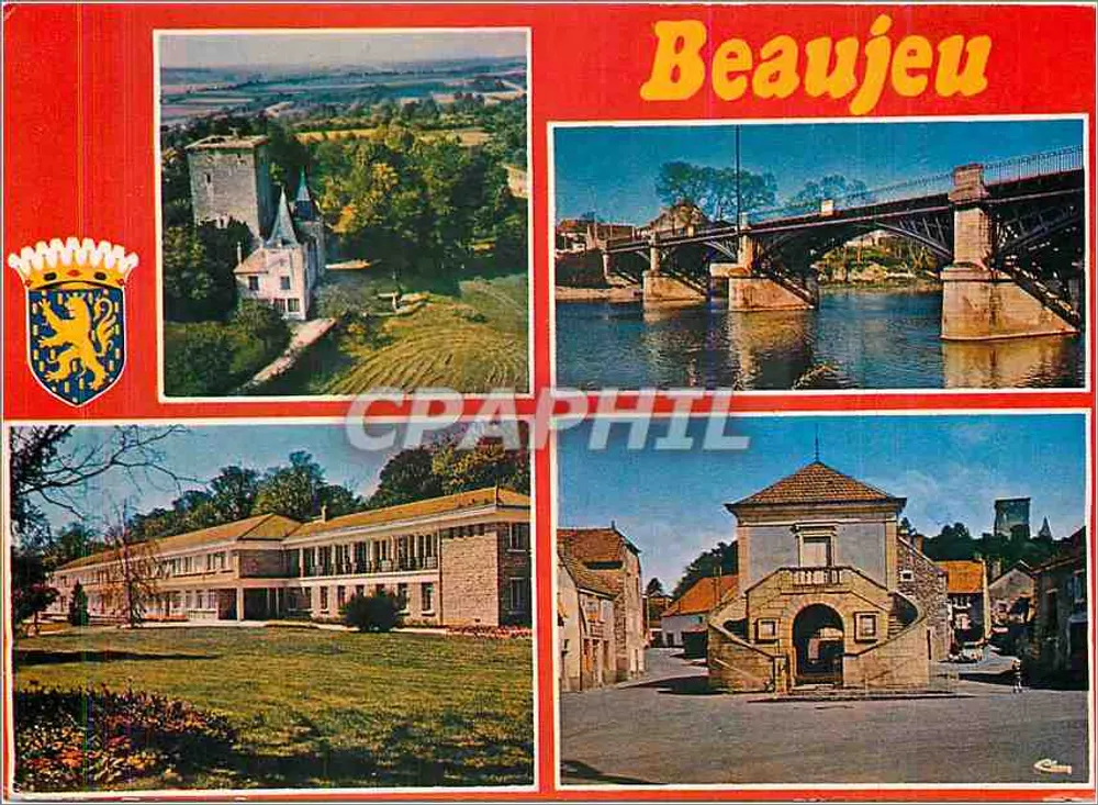 Beaujeu — vista panorâmica com castelo, ponte, edifício e porta — Edições e Impressões Combier / Maçon - Frente