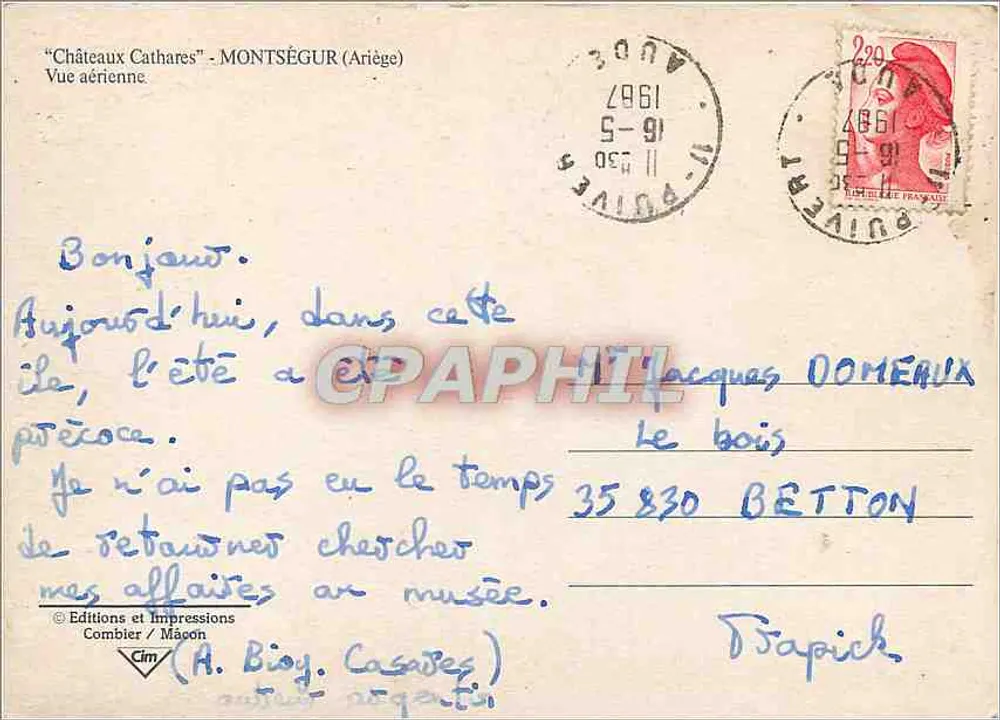 O Castelo de Montségur — vista aérea — Edições e Impressões Combier / Mason - Verso