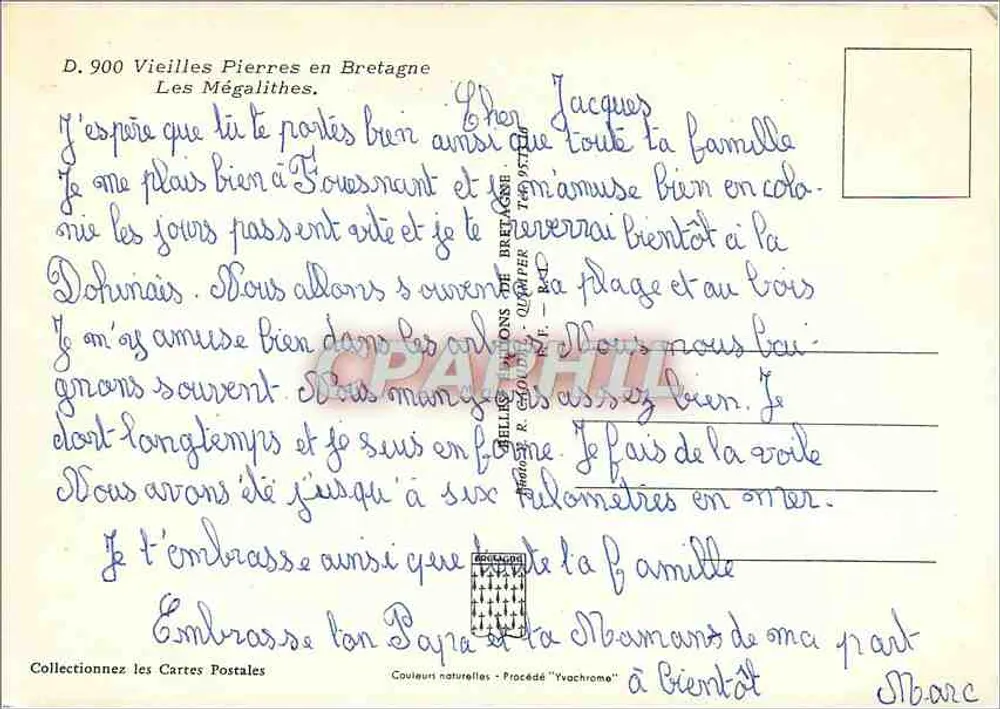 Mégalithes de Bretagne — D. 900 Vieilles Pierres en Bretagne — Éditeur R. GLOUQUET - Verso