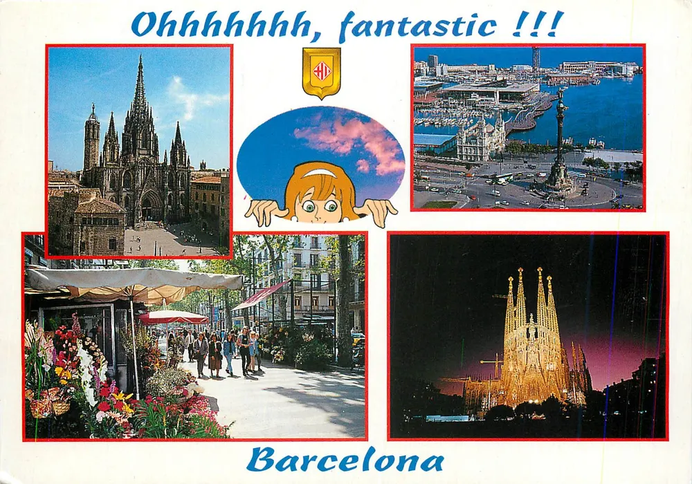 Barcelona — widok katedry, portu, targu i Sagrada Familia — wydawca COMERCIAL ESCUT D'OR, S.A. - Awers