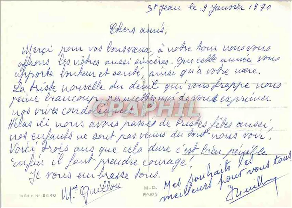 Paisagem invernal — casa nevada, pessoa caminhando — texto 'Bom Ano' — série 8440 - Verso