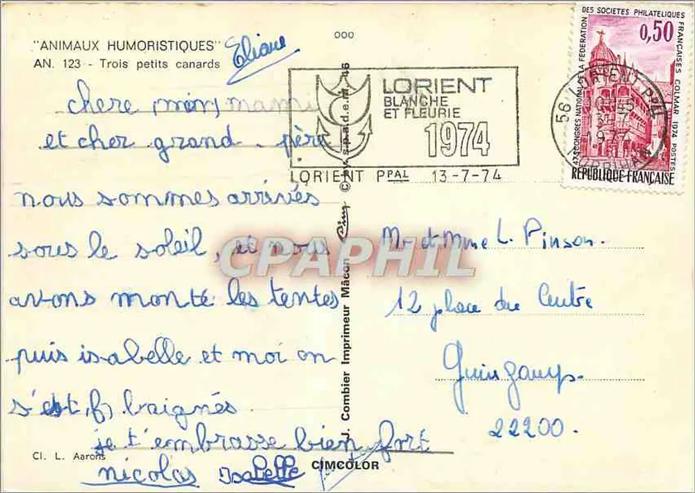 Drei Entenküken — 'On se baigne tous les jours!' — Verlag C. L. Aarons, Serie AN. 123 - Rückseite