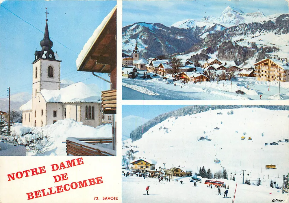 Notre-Dame-de-Bellecombe — vista da igreja, do vilarejo nevado e do domaine skiable — editor Ciry - Frente
