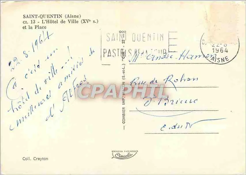 Saint-Quentin (Aisne) — Das Rathaus (15. Jh.) und der Platz — Verleger Combier, Nr. 13 - Rückseite