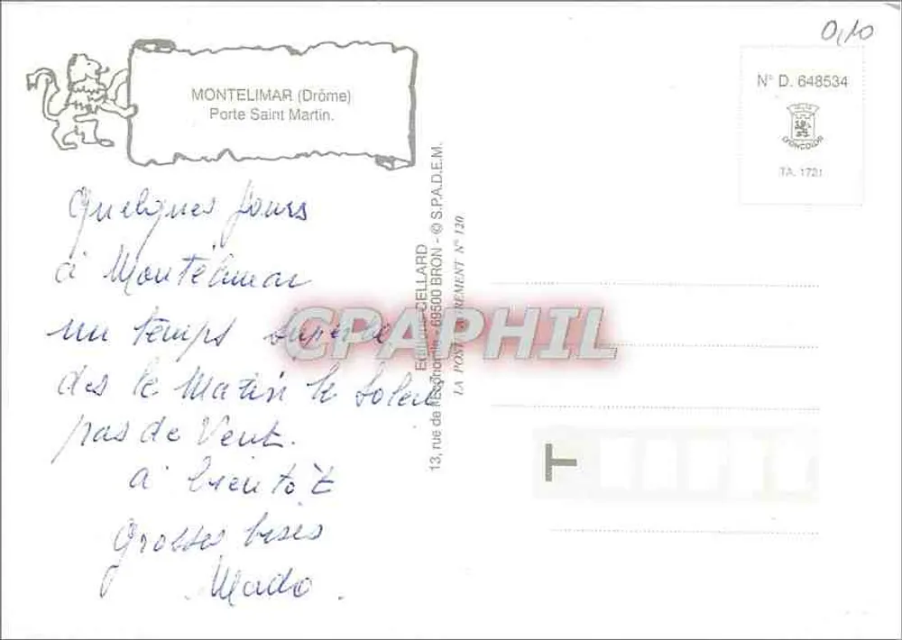 Montélimar — Porta Saint-Martin e fonte — Ed. S.P.A.D.E.M. N° 1721 - Verso