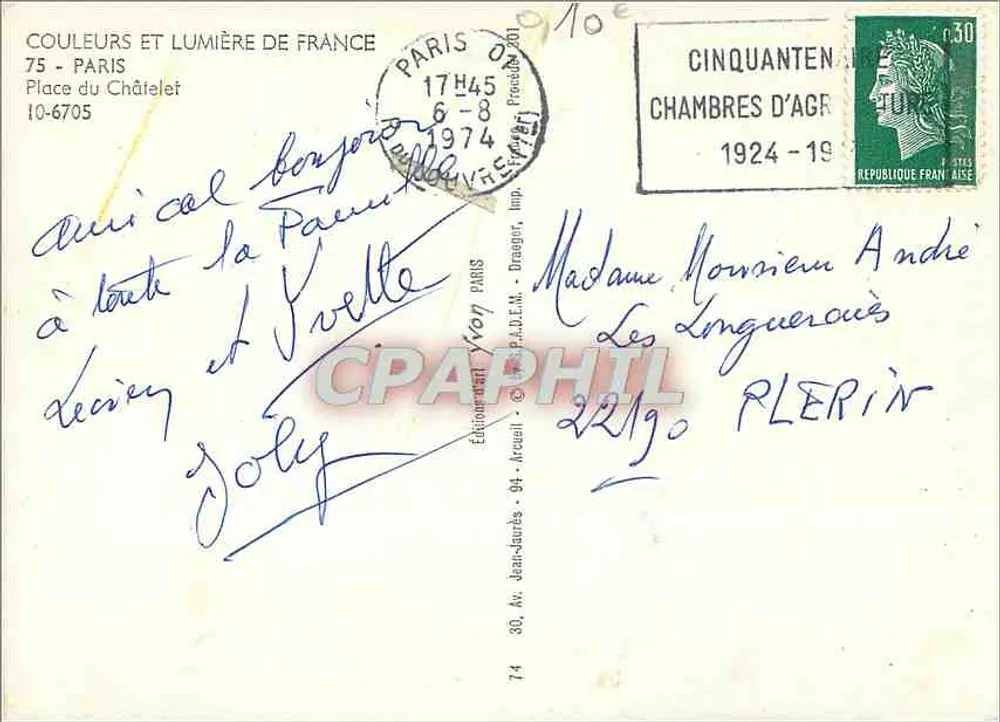 Place du Châtelet — Paris — Edição Yvon, n° 74 - Verso
