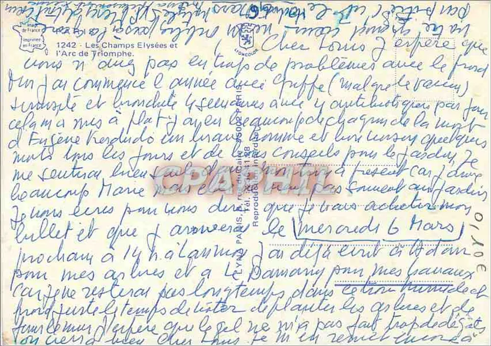 Paris — Campos Elísios e o Arco do Triunfo — Bilhete postal antigo n°1242 - Verso