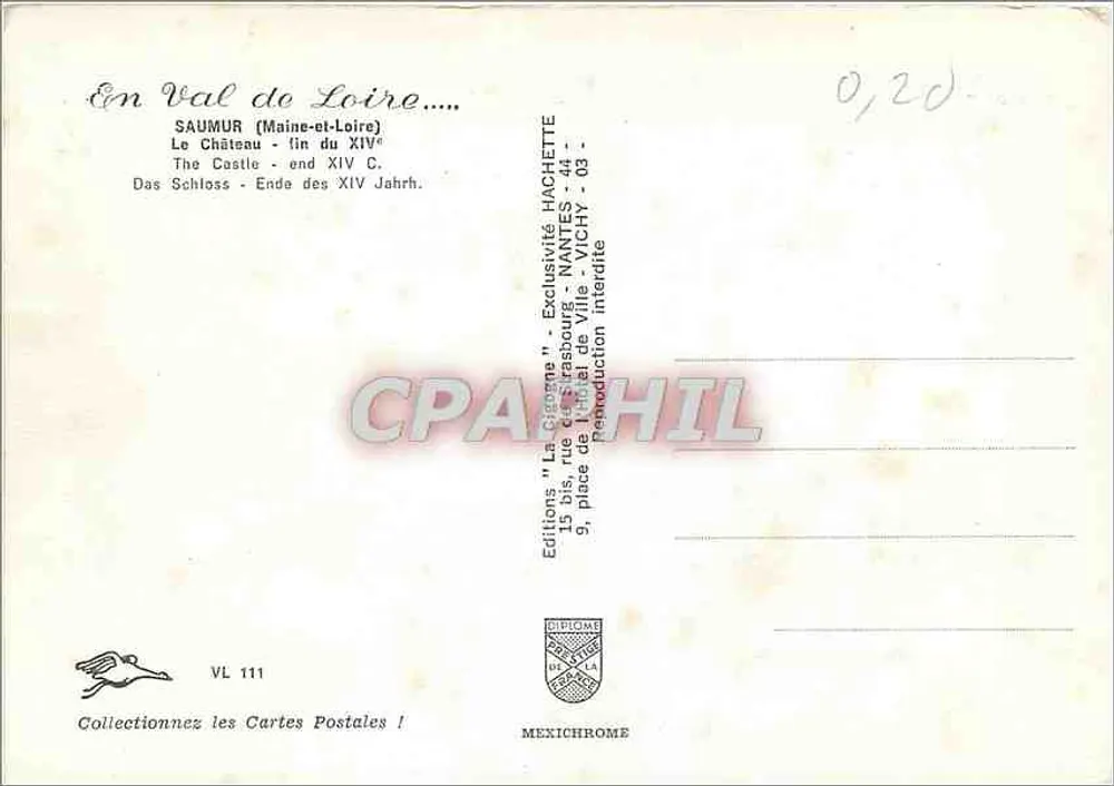 Château de Saumur — fin du XIVe siècle — Éditions 'La Cigogne', VL 111 - Verso