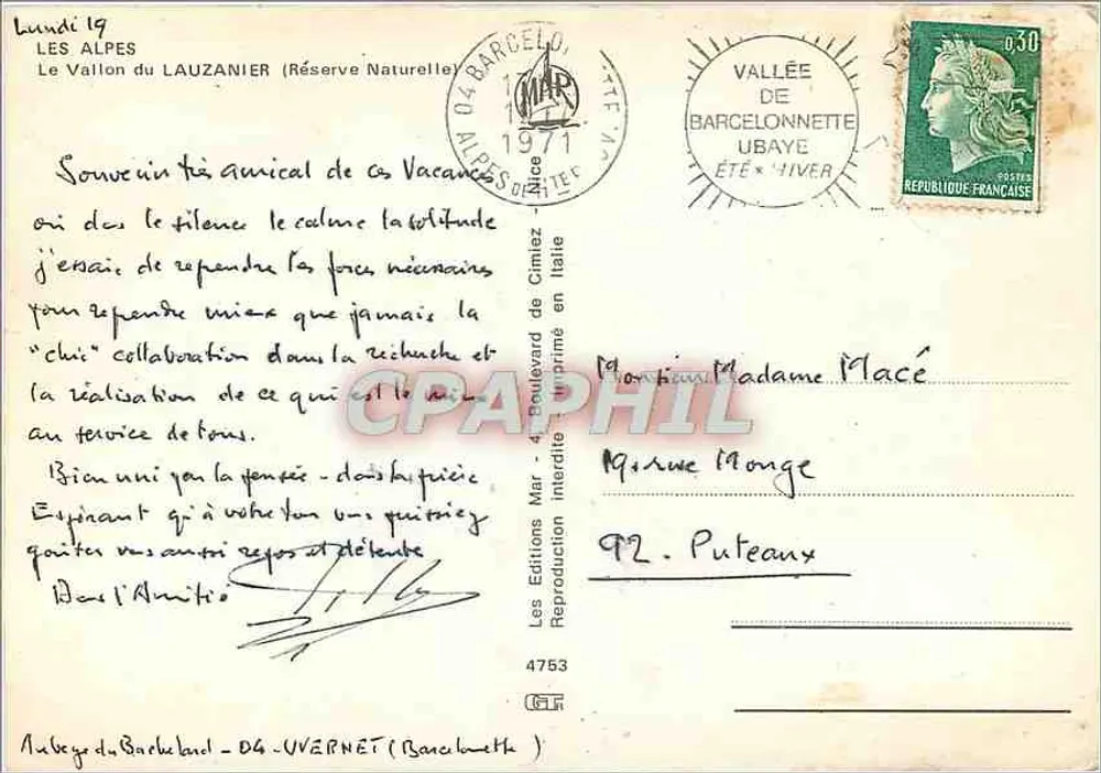 Die Alpen — Der Vallon du Lauzanier (Naturreservat) — Les Éditions de Gimiez, Nr. 4753 - Rückseite