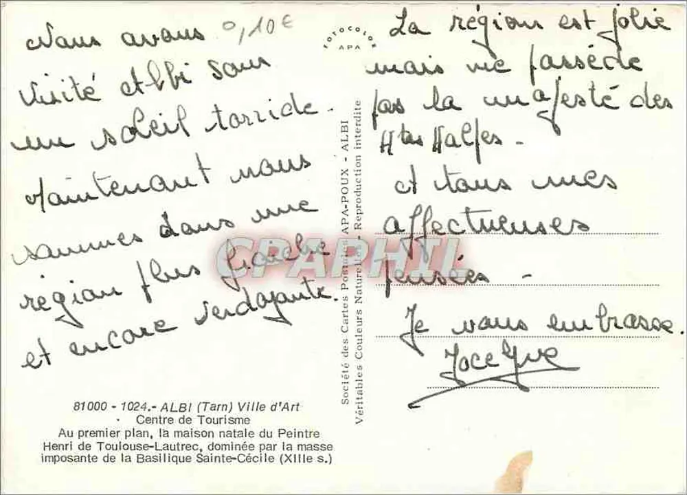Albi — Basilika Sainte-Cécile und Geburtshaus von Henri de Toulouse-Lautrec — APA Postcard Society - Rückseite