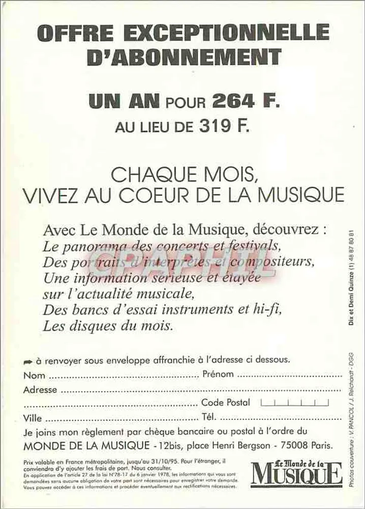 René Jacobs — Chef, Sänger, Pionier... die Leidenschaften eines Musikers — Le Monde de la Musique N° 190, Juli-August 1995 - Rückseite