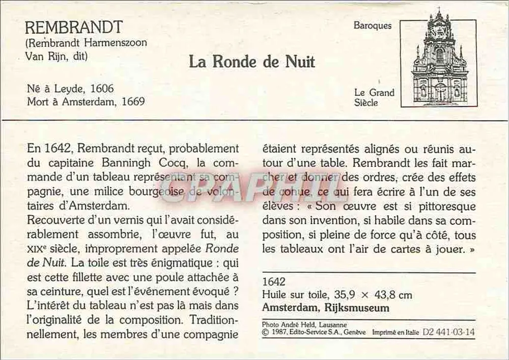 A Noite Circular — Rembrandt Van Rijn — Editor: Editio-Service S.A., Genève, n° D2 441-03-14 - Verso