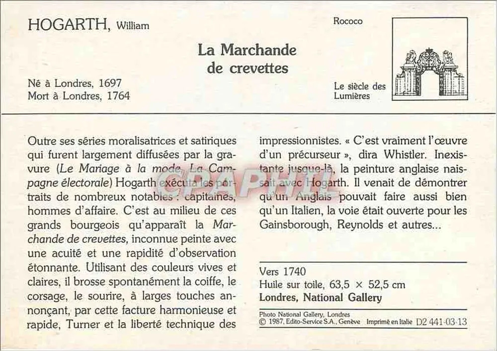 A Vendedora de camarões — William Hogarth — Editor: Edito-Service S.A., Genebra, n° D2 441-03-13 - Verso