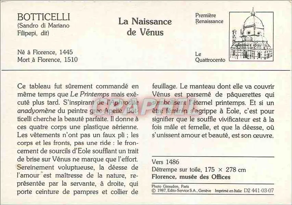 A Nascença de Vênus — Botticelli — Editor: Photo Giraudon, Paris - Verso