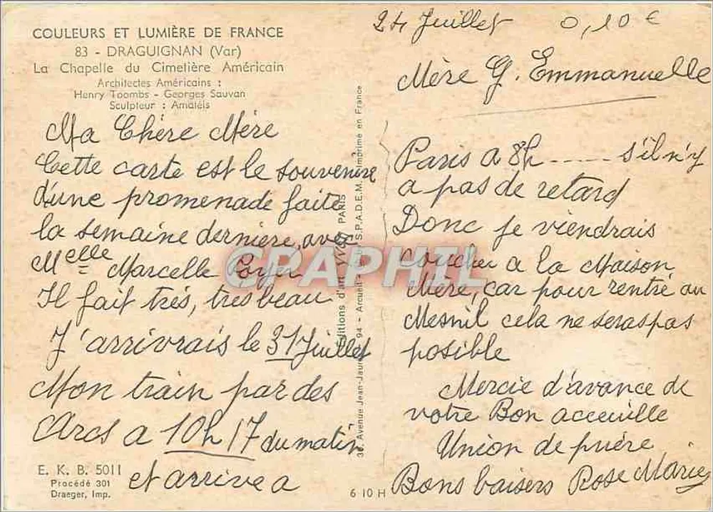 Kapelle des amerikanischen Friedhofes — Draguignan — Verlag: Draeger, Imp. — Nr. 5011 - Rückseite