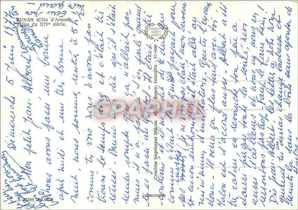 रुनान के चर्च — 14वीं शताब्दी के चर्च — कॉम्ब्लोट इम्प्रिमर, संख्या 31-000 - पीछे