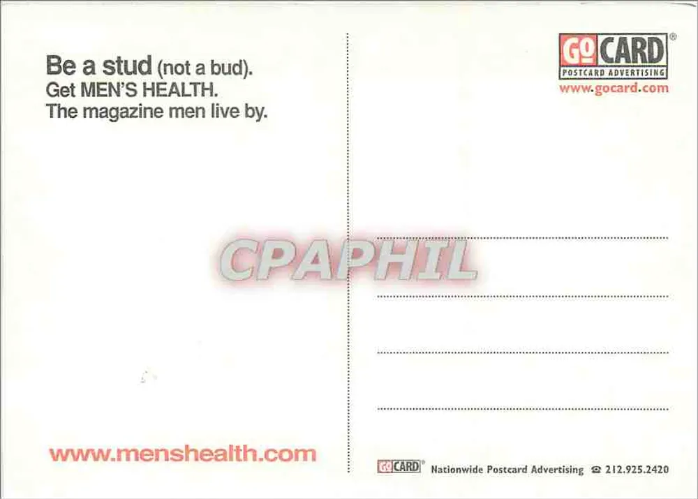 Paar, das sich küsst — Werbung für Men's Health — GO CARD Postcard Advertising - Rückseite