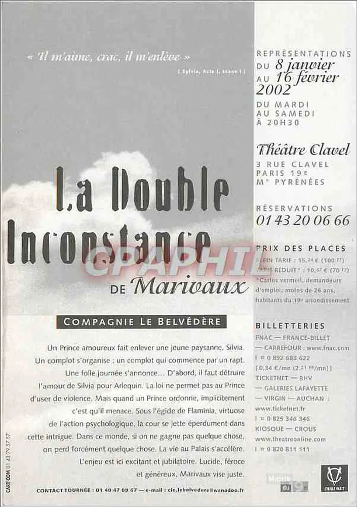 La Double Inconstance — Stück von Marivaux — Compagnie Le Belvédère — Théâtre Clavel, Paris 19e - Rückseite