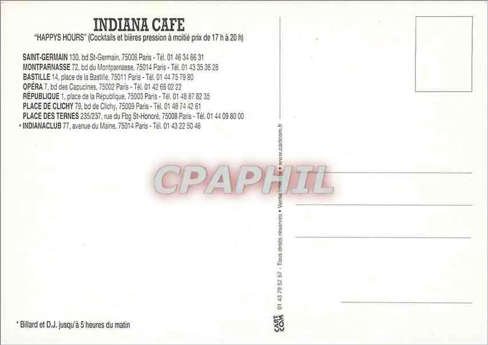 Indiana Cafe — Bar-Restaurante Tex-Mex — n° 71 57 57 - Verso
