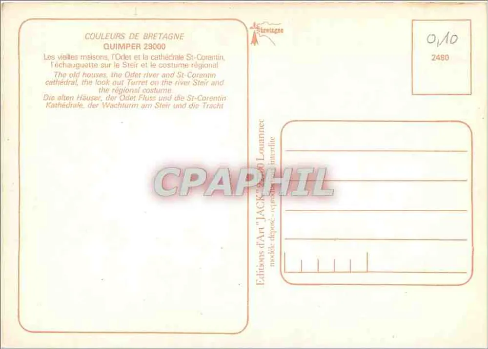Quimper — Alte Häuser, Kathedrale, regionales Kleid — Éditions d'Art 'Jack' Louannec, Nr. 2480 - Rückseite
