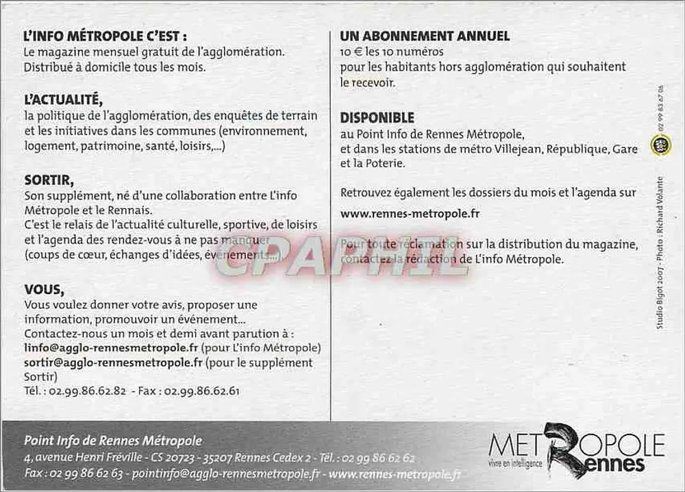 Rennes Métropole — L'info Métropole monatlich — Verlag METROPOL Rennes - Rückseite