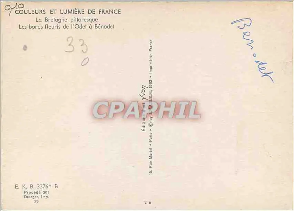 Les bords fleuris de l'Odet à Bénodet — Éditeur K. B. Draeger, Paris - Rückseite