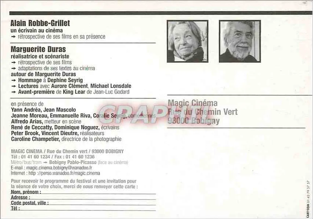 Marguerite Duras & Alain Robbe-Grillet — 13º festival Théâtres au cinéma — Magic Cinema, Bobigny - Verso
