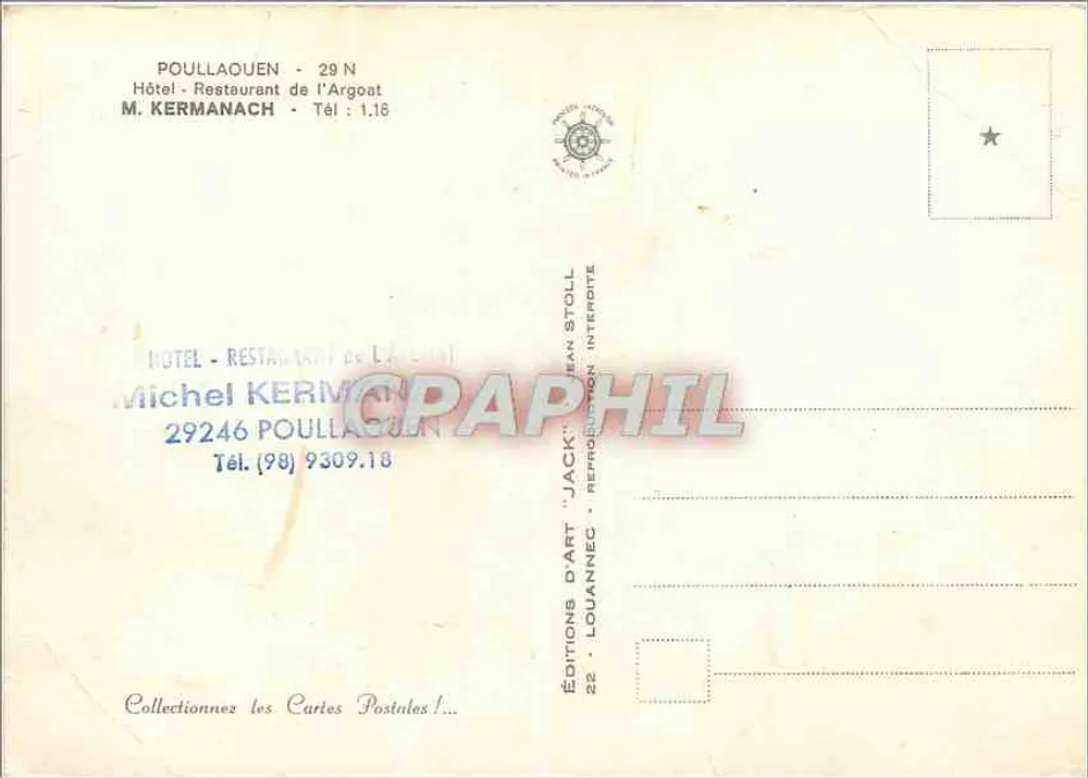 Hôtel-Restaurant de l'Argoat — Poullaouen — Éditions d'Art Jean Stoll - Verso