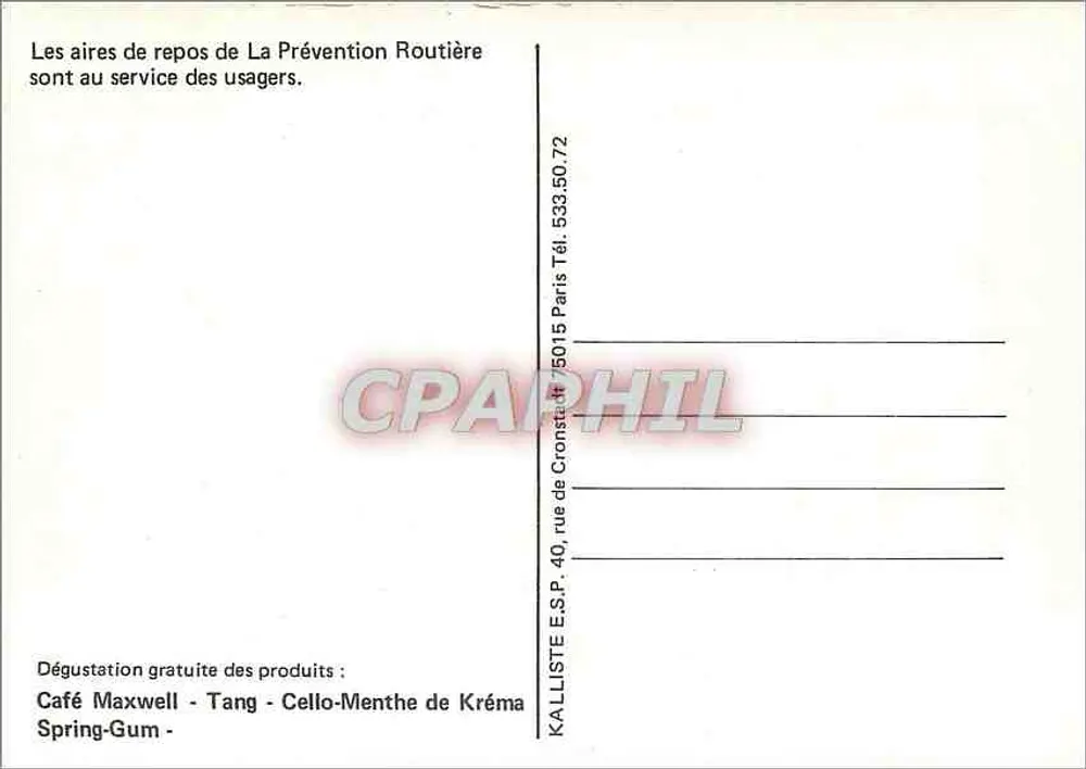 Rastplätze von La Prévention Routière — Werbung für Tang, Spring-Gum und Cello-Menthe von Kréma — Verlag KALLISTE E.S.P. - Rückseite