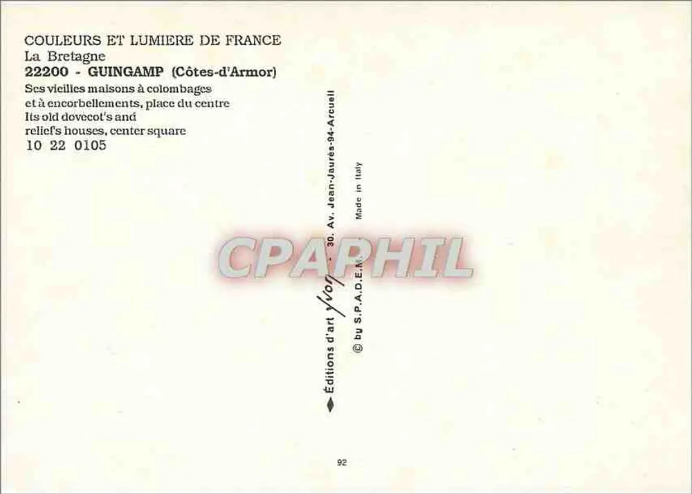 Guingamp — Oude houten huizen met uitsteeksels en balkons, centrale plein — Kunstuitgaven S.P.A.D.E.N. n° 92 - Achterkant