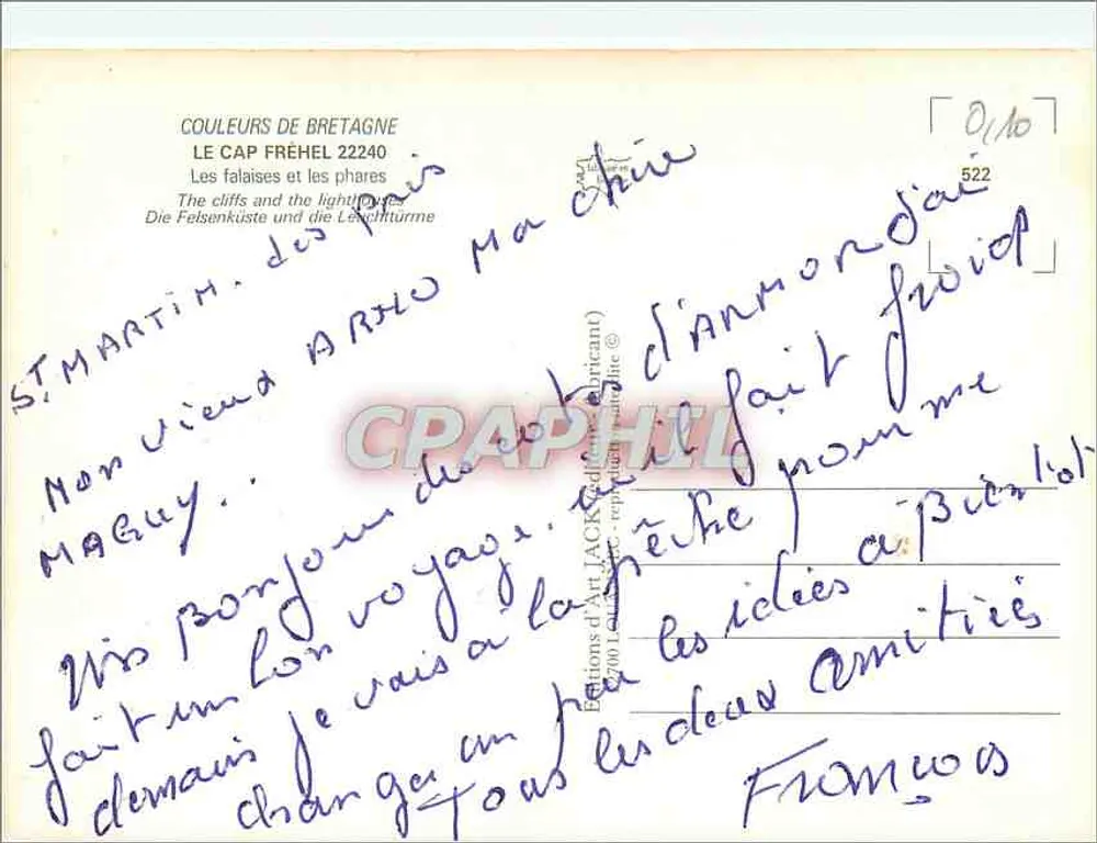 Cap Fréhel — vista aérea das falésias e do farol — Edições d'Art J.ACK (Bretagne) n°522 - Verso