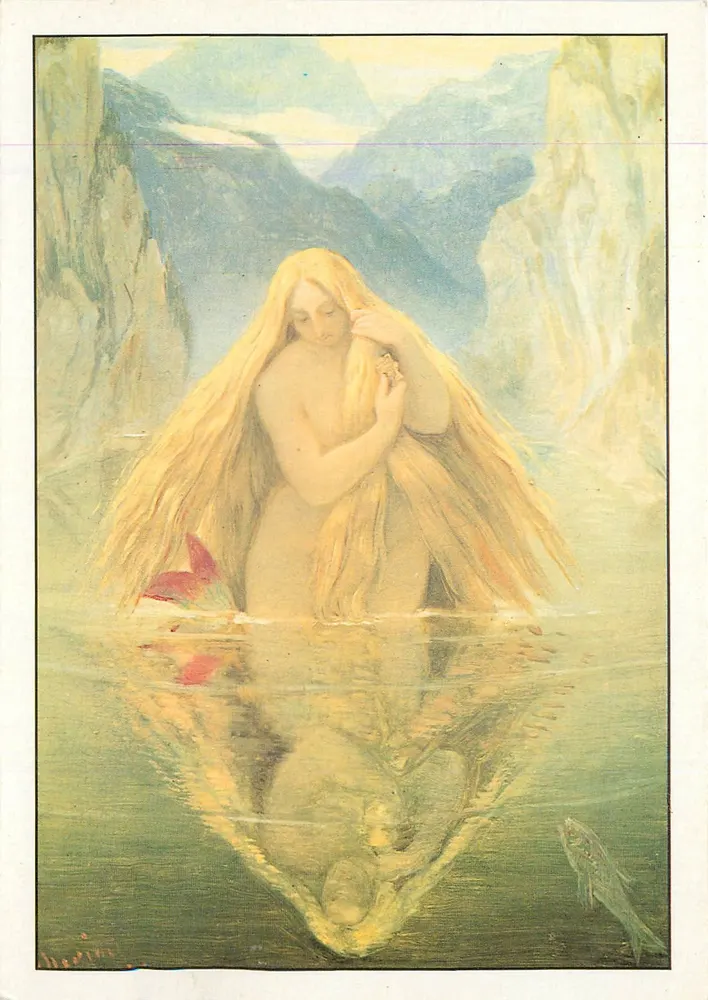 Tema mitológico — mulher de cabelos longos em um lago alpino — desenho de Moritz von Schwind - Frente