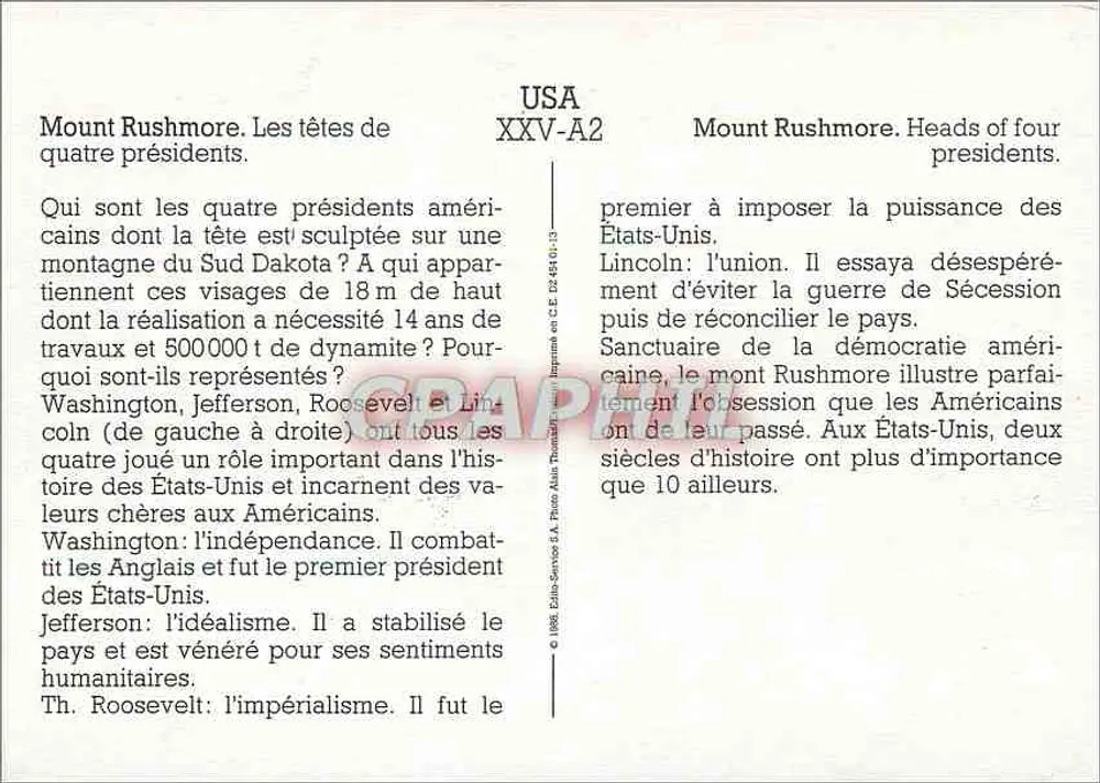 Mount Rushmore — Gesichter der vier Präsidenten — Édito-Service A. Prino, Nr. XXV-A2 - Rückseite