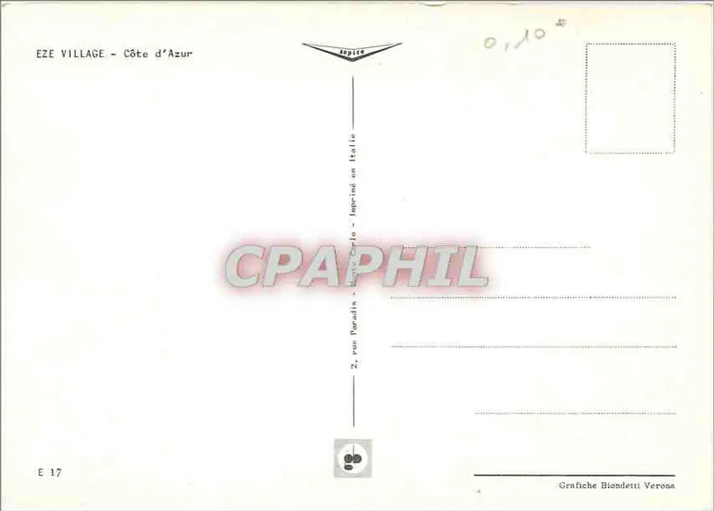 Vila de Eze — Costa Azul — Editor: Grafiche Biondetti Verona, n° E 17 - Verso