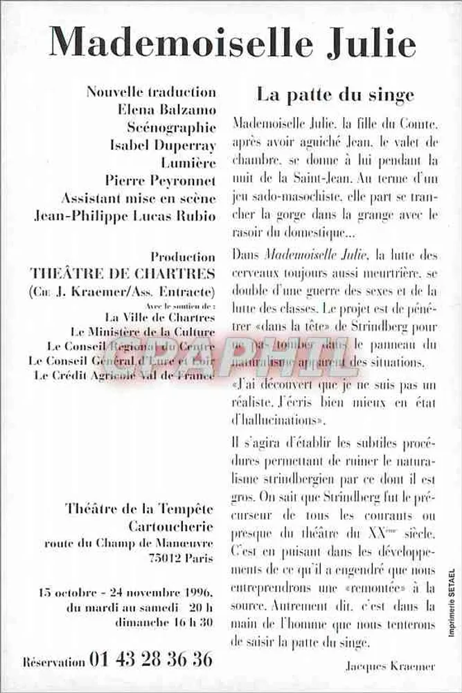 Mademoiselle Julie — Strindberg — Theater de la Tempête, Paris - Rückseite