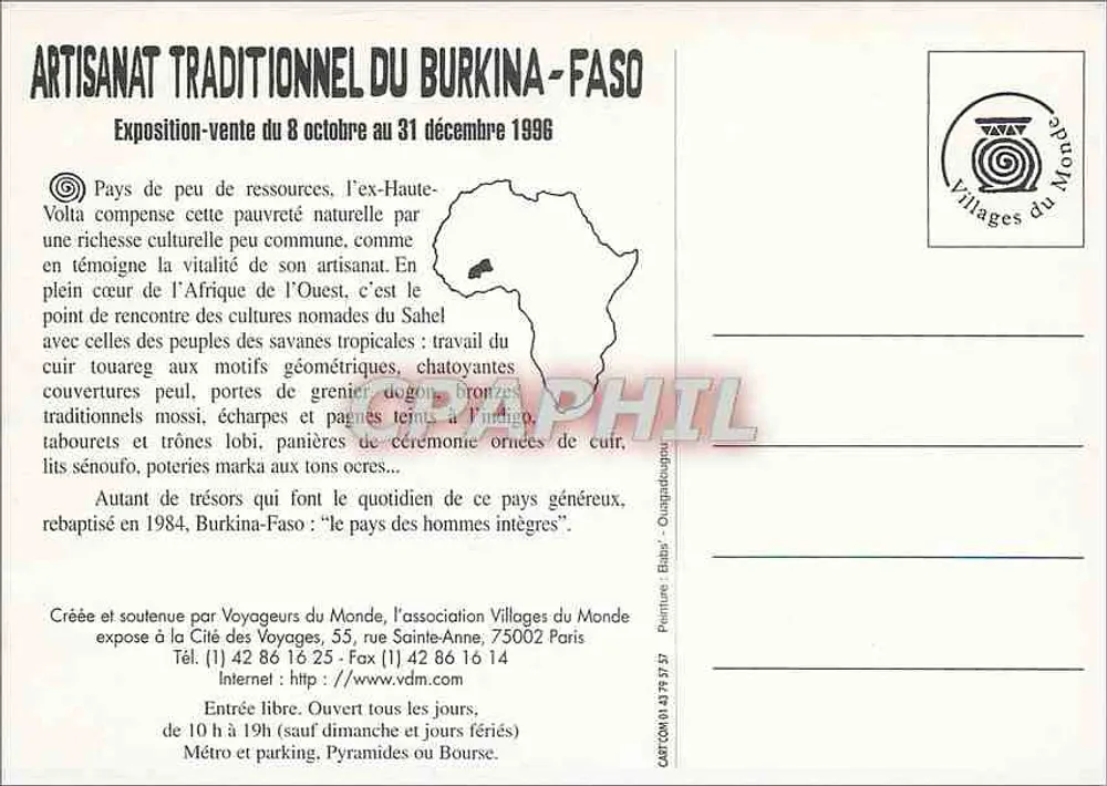 Traditionelles Handwerk aus Burkina Faso — Ausstellung-Verkauf 8. Oktober–31. Dezember 1996 — Villages du Monde - Rückseite