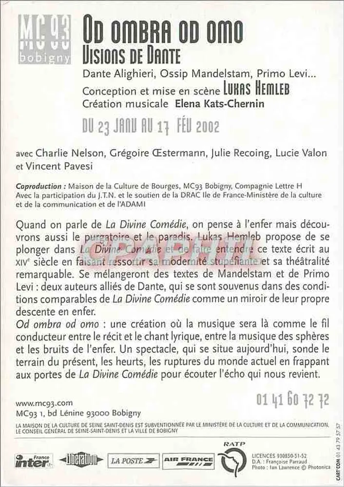 Od ombra od omo — Visões de Dante — MC93 Bobigny - Verso