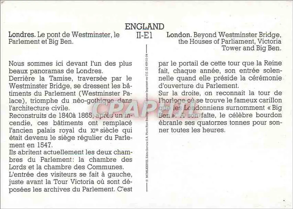 London. Der Westminster-Brücke, das Parlament und Big Ben — Verlag: CPHIL, Nr. II-E1 - Rückseite