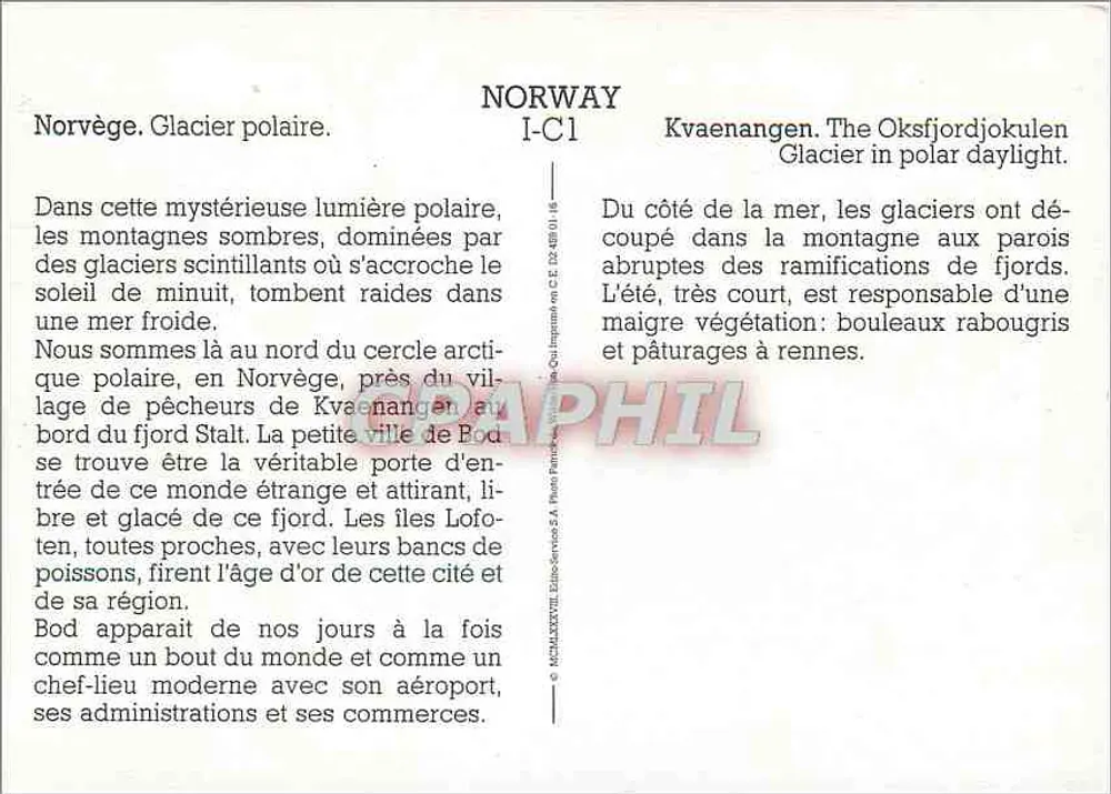 Noruega. Glaciar polar — Kvaenangen, fiordo e montanhas — Editor: E.A. Phan Patrick Service - Verso