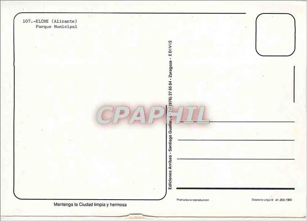 Parque Municipal d'Elche — Alicante — Edições Arribas - Verso