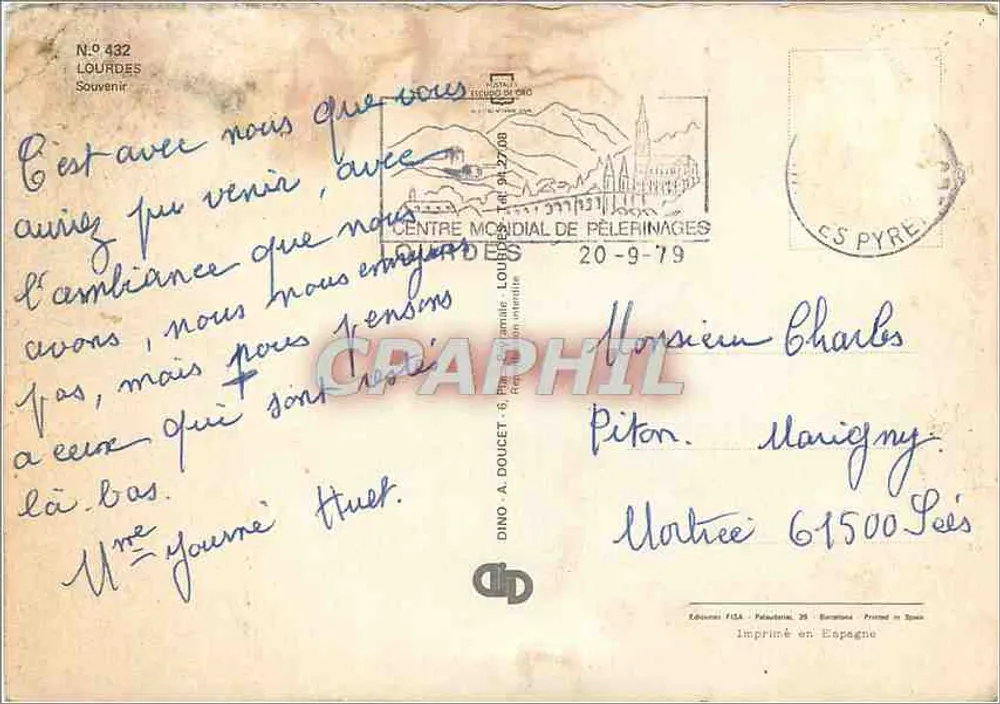 Lourdes — Lugar de peregrinação — Dino A. Doucet, N° 432 - Verso