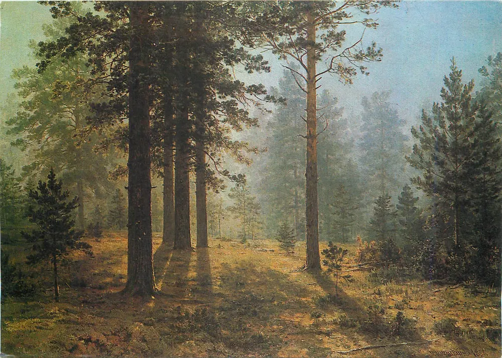 Morgenbos — schilderij van Vassili Schiškin, 1888 — uitgegeven door de Nationale Galerie van Praag - Voorkant