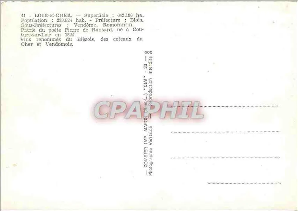 Loir-et-Cher — Reisekarte mit Karte und Sehenswürdigkeiten — Verlag Combière, Nr. 23 - Rückseite