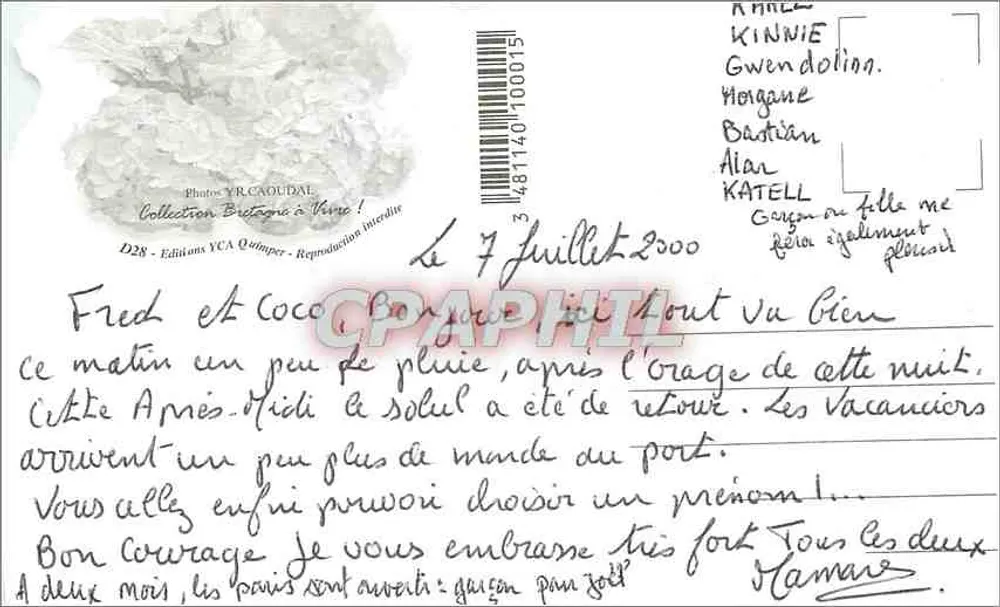 Vista da Bretanha — bandeira bretona, flores, barco e gaivota — Éditions YCA Quimper - Verso