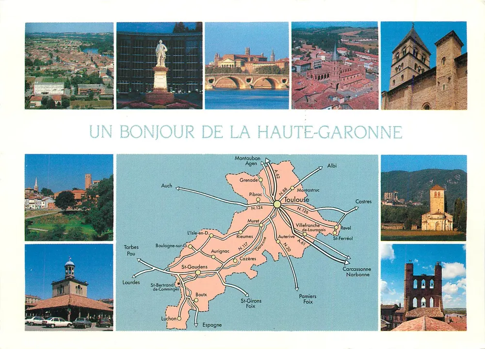 Um cumprimento da Haute-Garonne — Carta postal turística com mapa rodoviário e fotos de locais — Edições Caphil - Frente